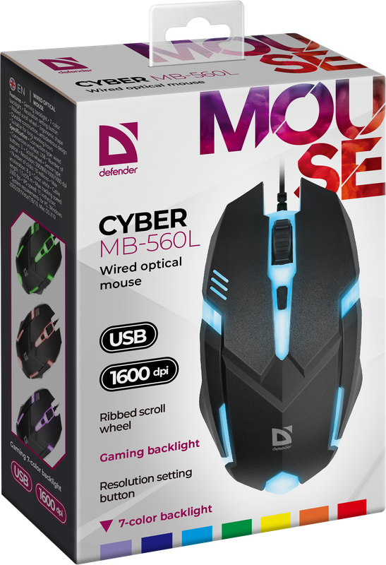 Мышь Defender Cyber MB-560L, подсветка, оптическая, проводная, USB