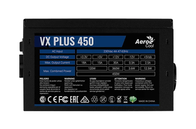 Блок питания AEROCOOL VX PLUS 450W, 450Вт, fan 120мм, черный, retail